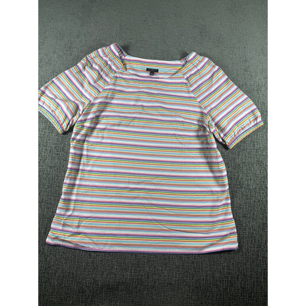Talbots Petites Multi Color Striped Puff Sleeve Top Square Neck MP Medium Petite